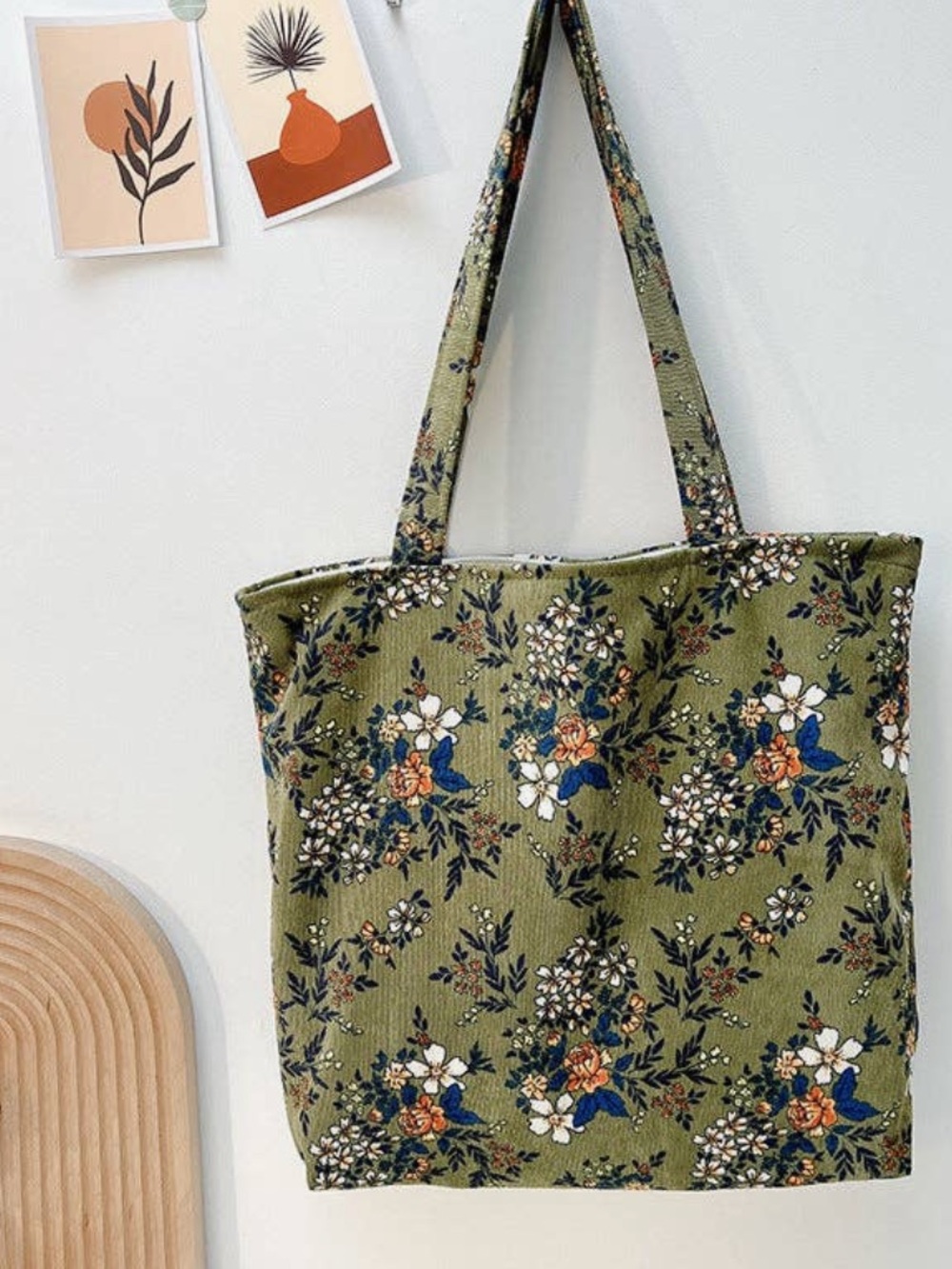 Floral Olive Green Tote Bag – Everyday Canvas Shoulder Bag - Picture 1 of 2